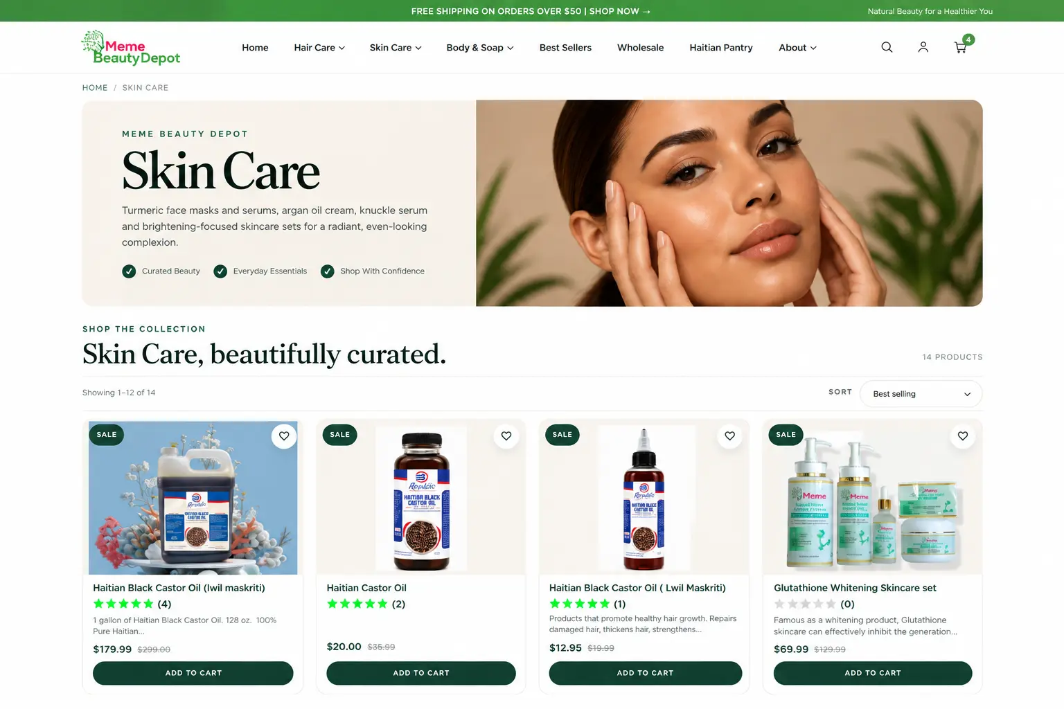 Meme Beauty Depot Shopify collection page design