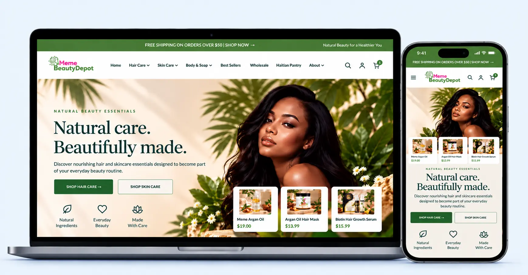 Meme Beauty Depot Shopify store homepage displayed on desktop and mobile screens