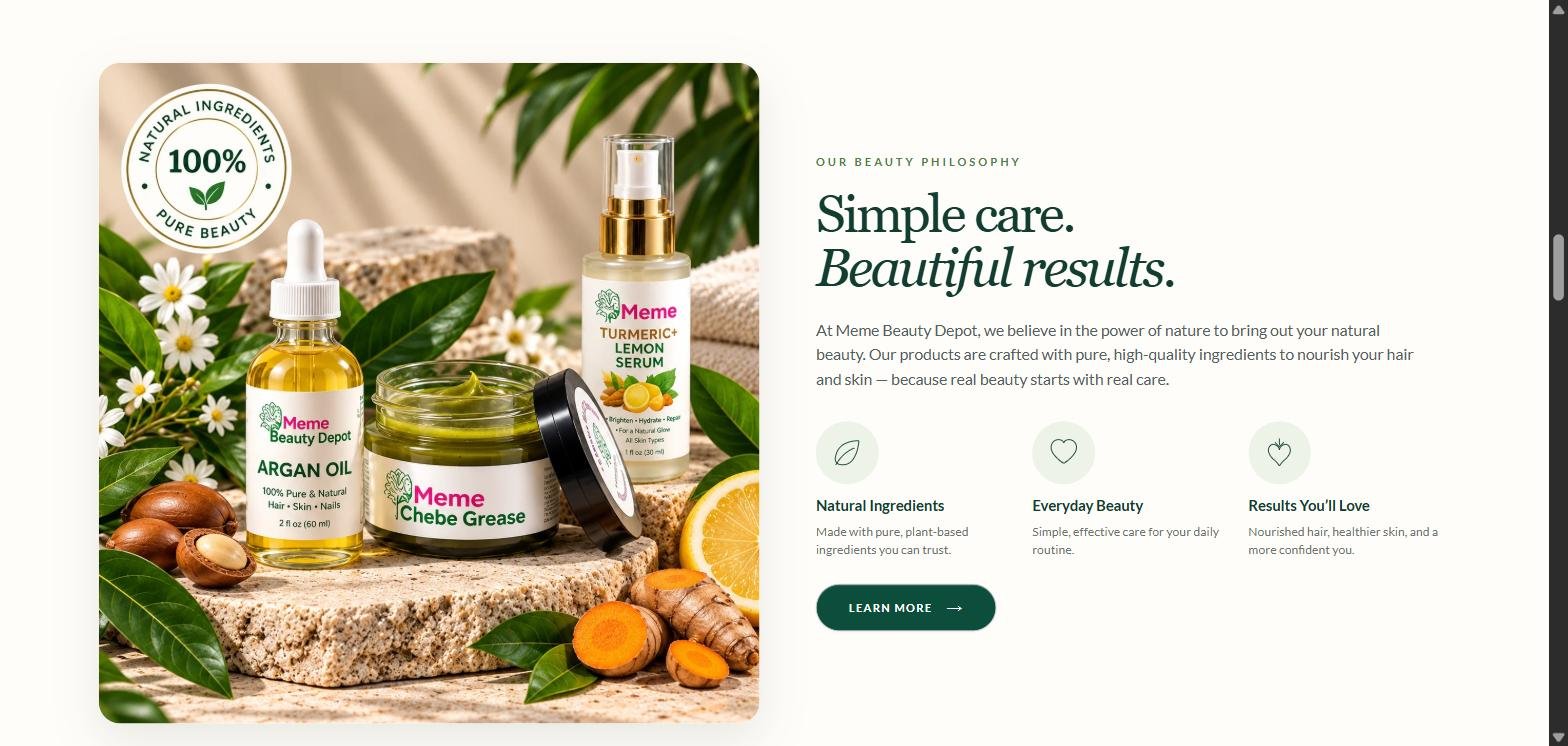 Meme Beauty Depot brand story section