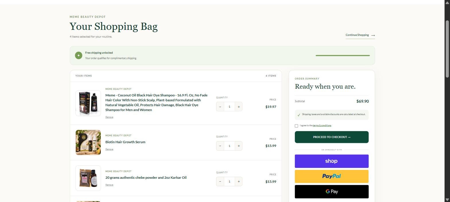 Meme Beauty Depot Shopify cart page with free shipping progress bar, order summary and express checkout