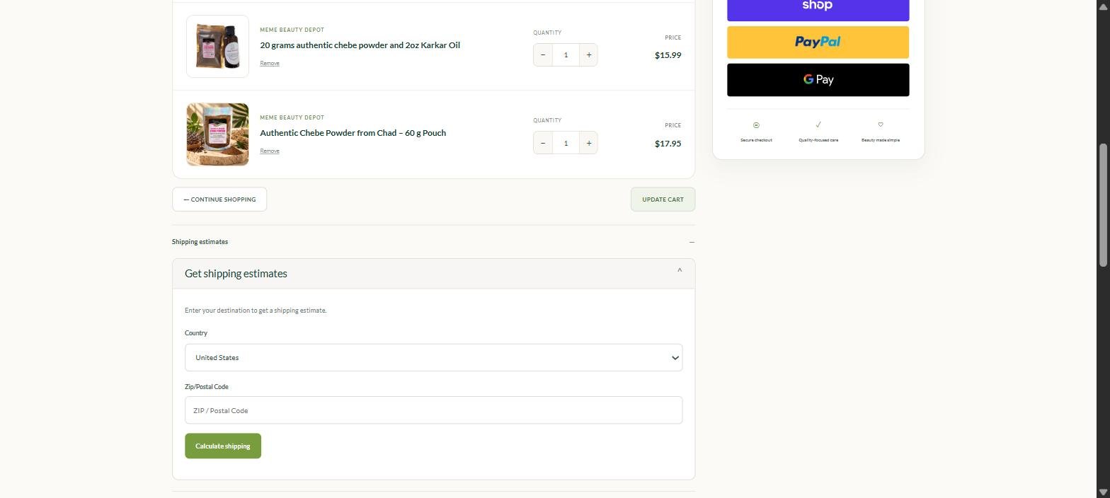 Meme Beauty Depot Shopify cart shipping calculator and checkout trust badges