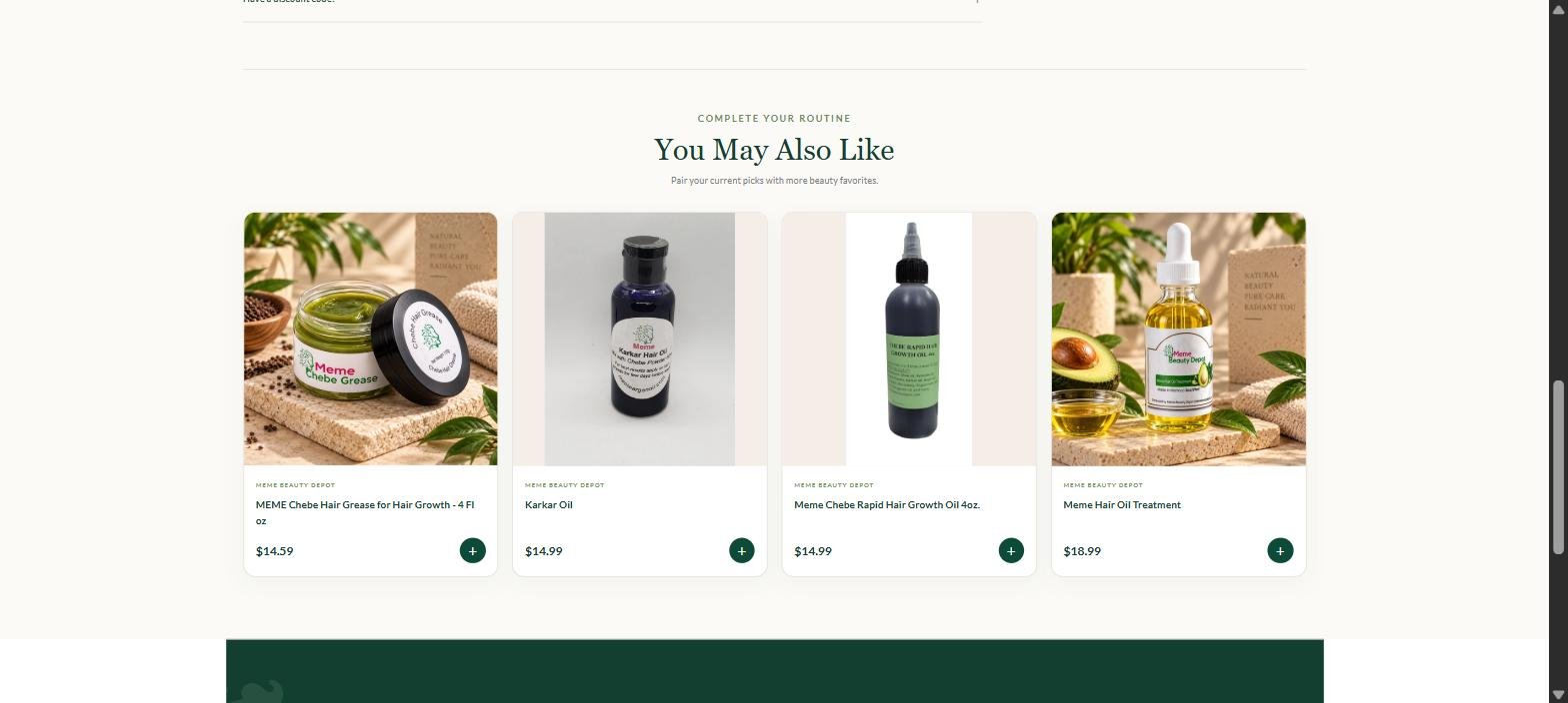 Meme Beauty Depot Shopify cart upsell section, You May Also Like