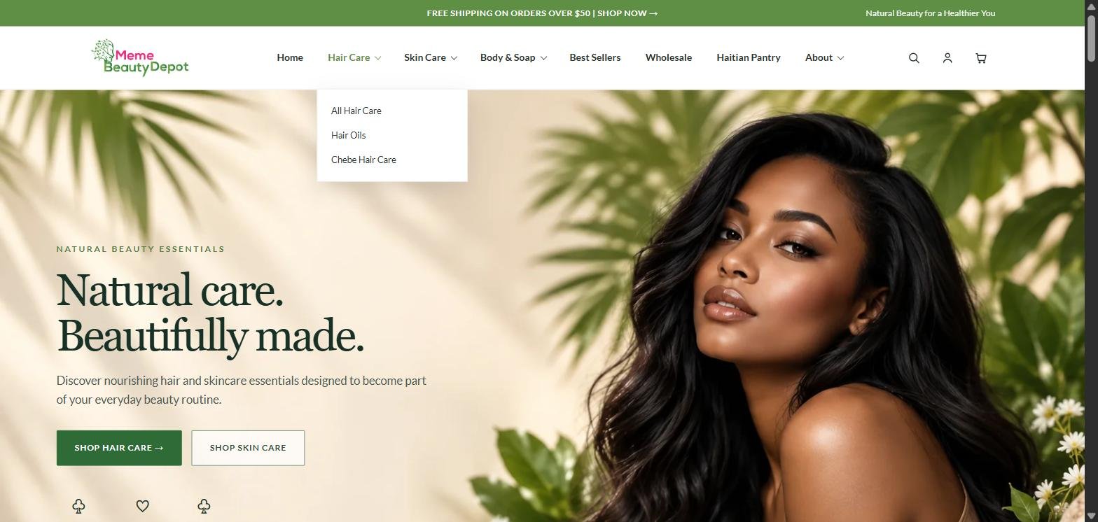 Meme Beauty Depot Shopify homepage hero and header navigation